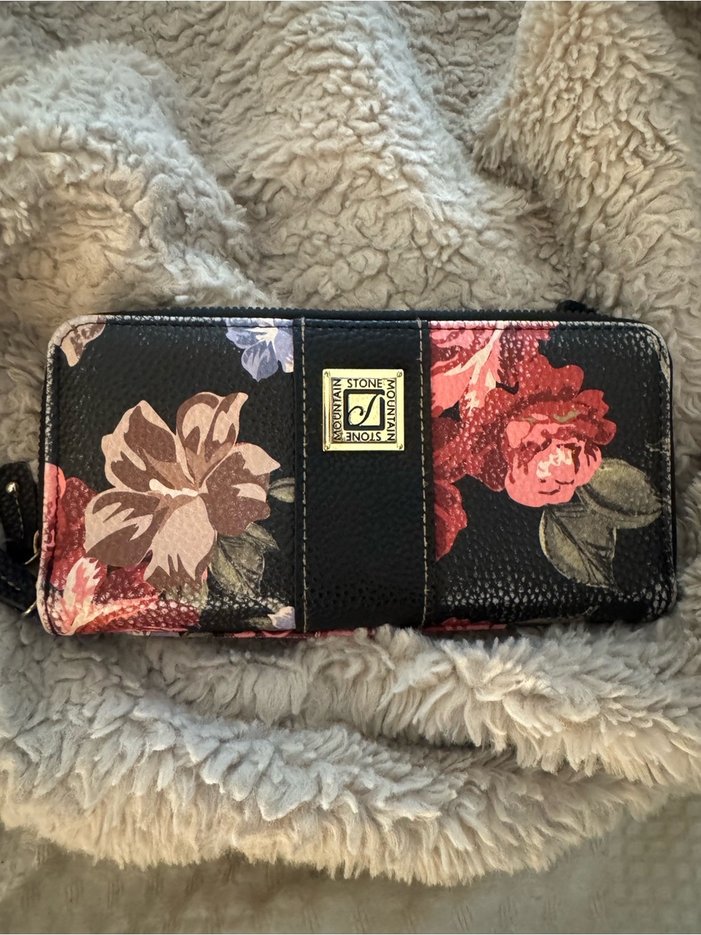 Stone Mountain Accessories Black Floral Zip Wallet with Pink & Brown Blooms